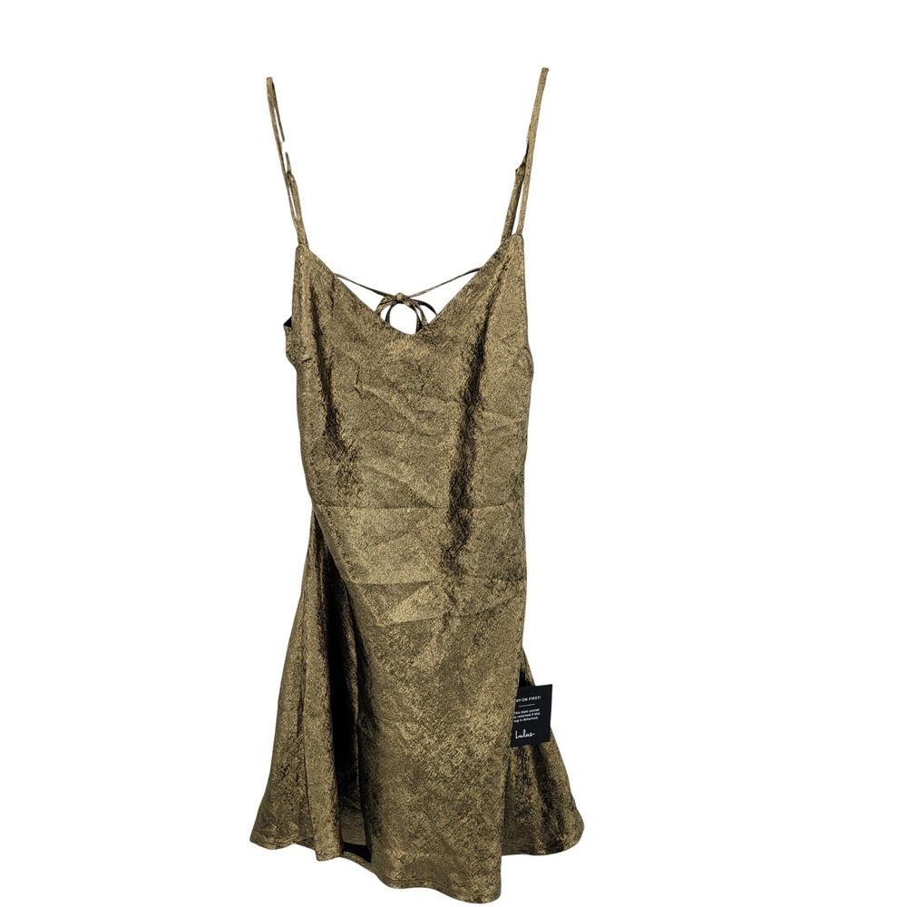 New Lulus Gold Metallic Slip Mini Dress Strappy Tie Back Party Womens Sz M Party